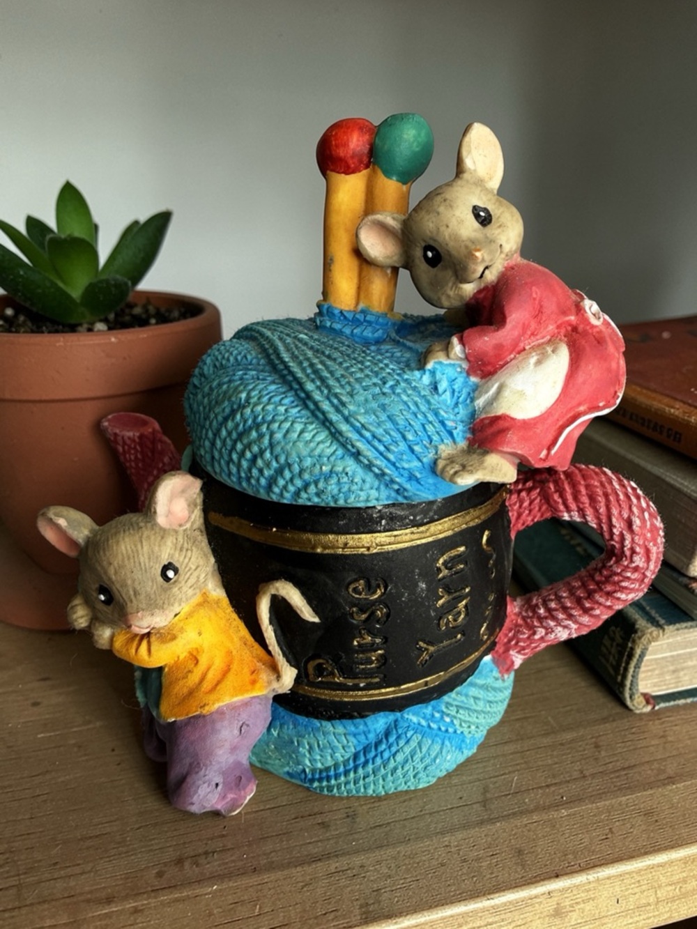 Vintage Hand-painted Knitting Trinket Box – Mice & Yarn Figurine